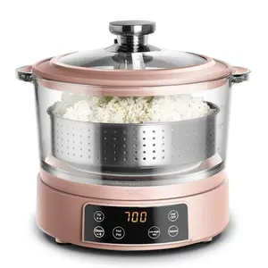 Glass Mini Low Carb Rice Cooker – Holds 2 Cups Raw/Makes 6 Cups Cooked with Auto Lift Filter Basket, Hotpot & Steamer for Rice, Grains, Digital Panel with Keep Warm, Dusty Rose