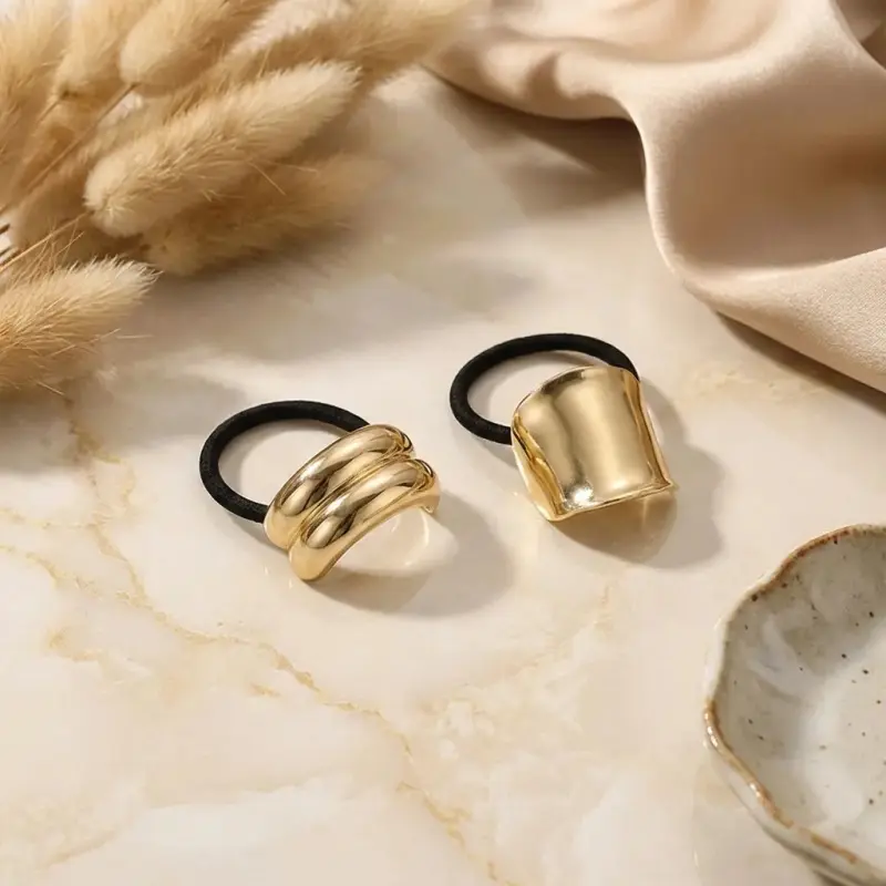 Gold Metal Ponytail Cuff Hair Ties, Minimalist Elegant Chic Hair Accessories for Women, Metallic Elastic Hair Bands & Hair Cuff Ties for Thick Hair, Decorative Punk Hair Gift