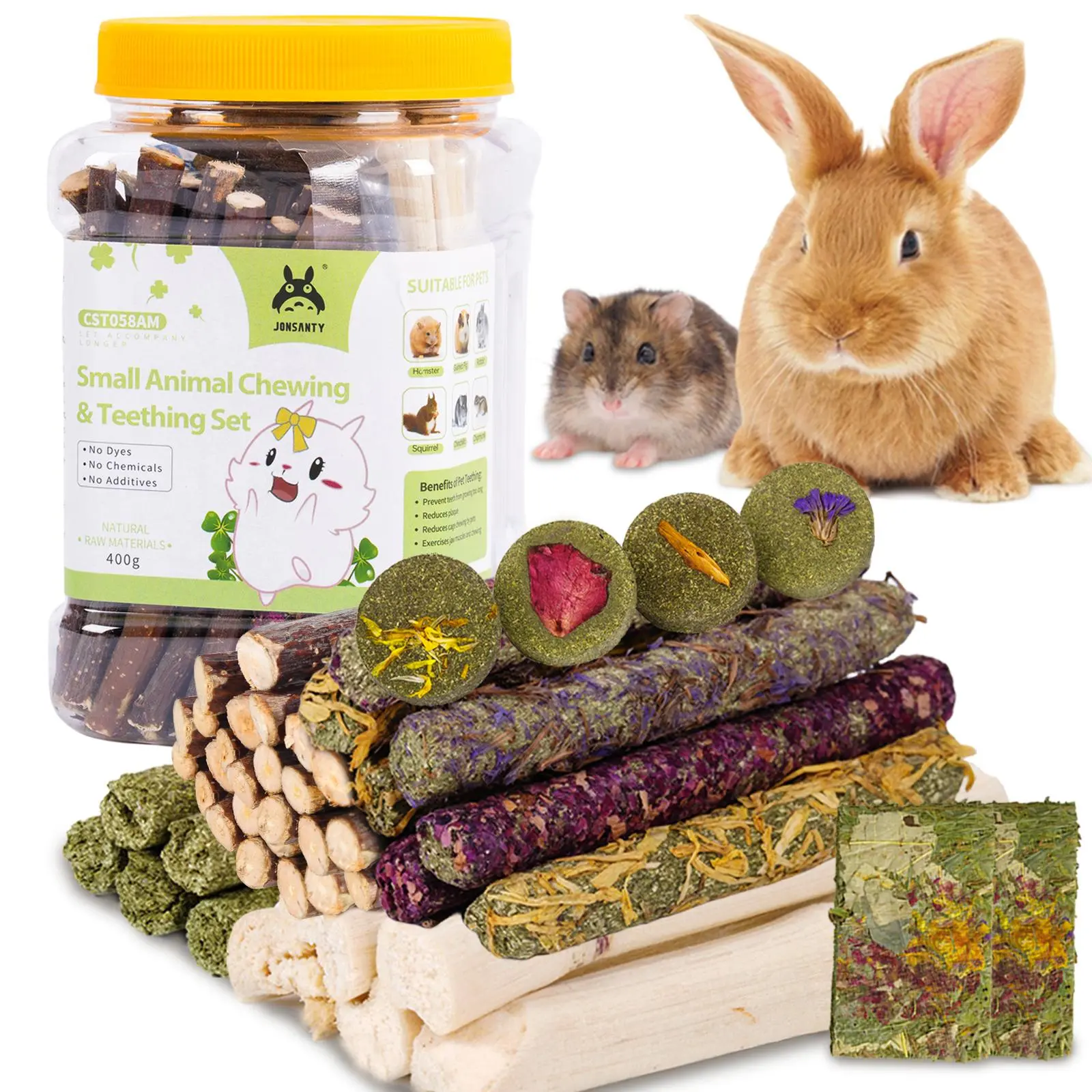 Natural Timothy Grass Chew Toy Set for Rabbits, Hamsters, Guinea Pigs | 100% Organic Flower Teething Sticks Apple Wood Sweet Bamboo Chews, No Additives Small Pet Dental Treats 400g Jar