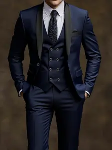 Men'S 3pcs Suit Set - Formal Business Attire with Slim Fit, Long Sleeve, Solid Color, Fake Buttons, Lapel Collar, All-Season Wear, Wedding, Work Uniform, Wedding Attire|Slim Fit Suit|Sleek Appearance, Men Suit, Complete Suit For Men