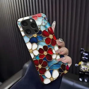 Cottagecore Aesthetic! Handcrafted stained glass floral case for iPhone 16 Pro, vintage art style shockproof cover — 975
