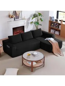 Niccae 104" Cloud Sectional Sofa with L-Shape Chaise and Side Pockets , Modern Modular Design, with side pockets, Upholstered Couch for Living Room/Bedroom, No Assembly Required (CorduroyFabric),Black, Right