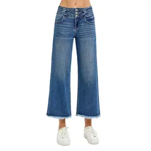 Risen High Waist Wide Leg Jeans with Frayed Hem