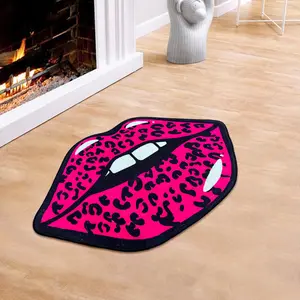 1pc Valentine Pink Leopard-Lips Faux-Wool Accent Rug｜Sexy Quick-Absorb Fade-Proof for Bed-Living-Bath-Kitchen, Vibe Gift, Animal Print Rug