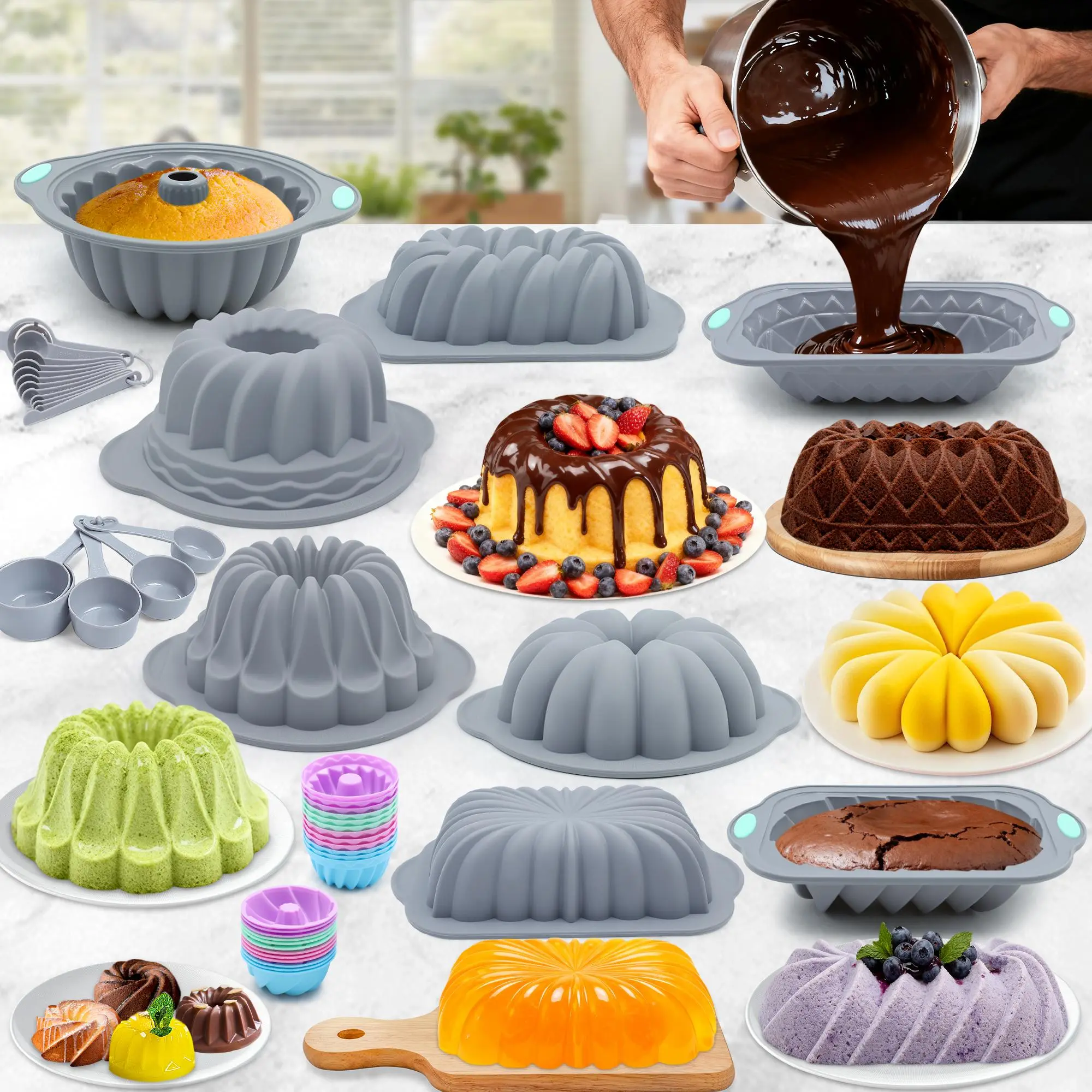 45/21 Pieces,Silicone Baking Set with Cake Molds, Silicone Molds for ...