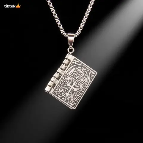 Unisex Christian Stainless Steel Bible Flipbook Pendant Necklace - Engraved Lord's Prayer, 0.87 oz, 27.5 in Long Chain, Metal Coating, No Excess Ornamentation, Elegant Faith Jewelry for Inspiration, Meaningful Daily Gift