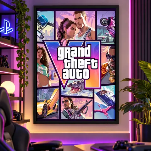 GTA 6 Poster, Grand Theft Auto VI Release Date Poster Wall Art Aesthetic Poster Quirky Animal Oil Painting Style Fun Picture Canvas for Teen Room Bedroom Studio Unique Wall Decor Home Decor Picture with Wooden Frame,sohochic