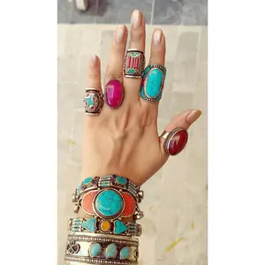 Turquoise & Coral Cocktail Ring: Tibetan Silver Brass Statement Ring - Size 8