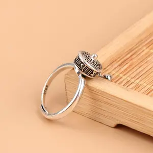 Buddhist Tibetan Prayer Wheel Ring Good Luck Chakras Ring Lotus Floral Ring Open Adjustable Rotating Rings Gifts