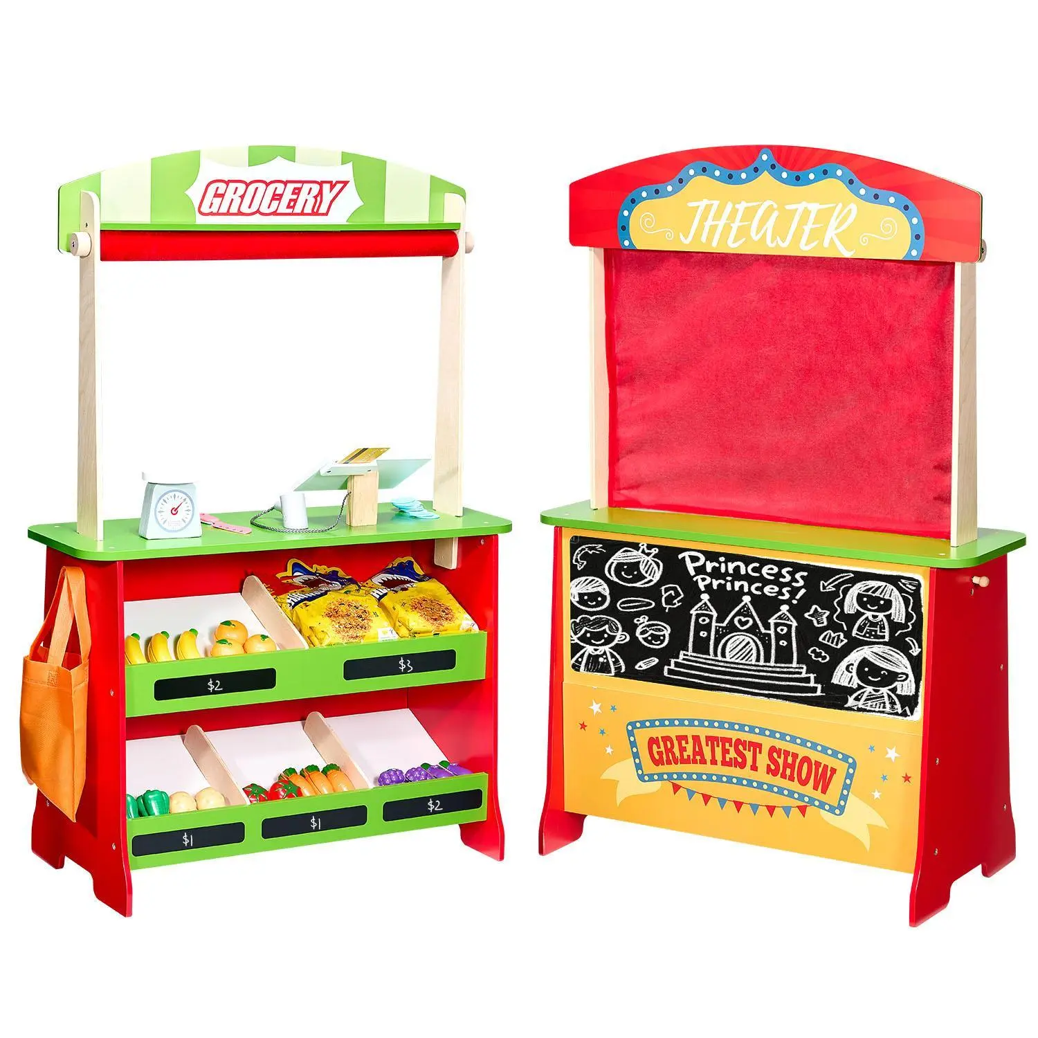 【SummerFinds】VEVOR Wooden Puppet Theater with Curtains - 2-in-1 Reversible Multi Activity Playset, Grocery Play Store with Chalkboard & Cash Register, 20 Fruit & Veggie Pieces, Shopping Bags, Kids Interactive Creativity Toy, Gift for Birthdays & Christmas