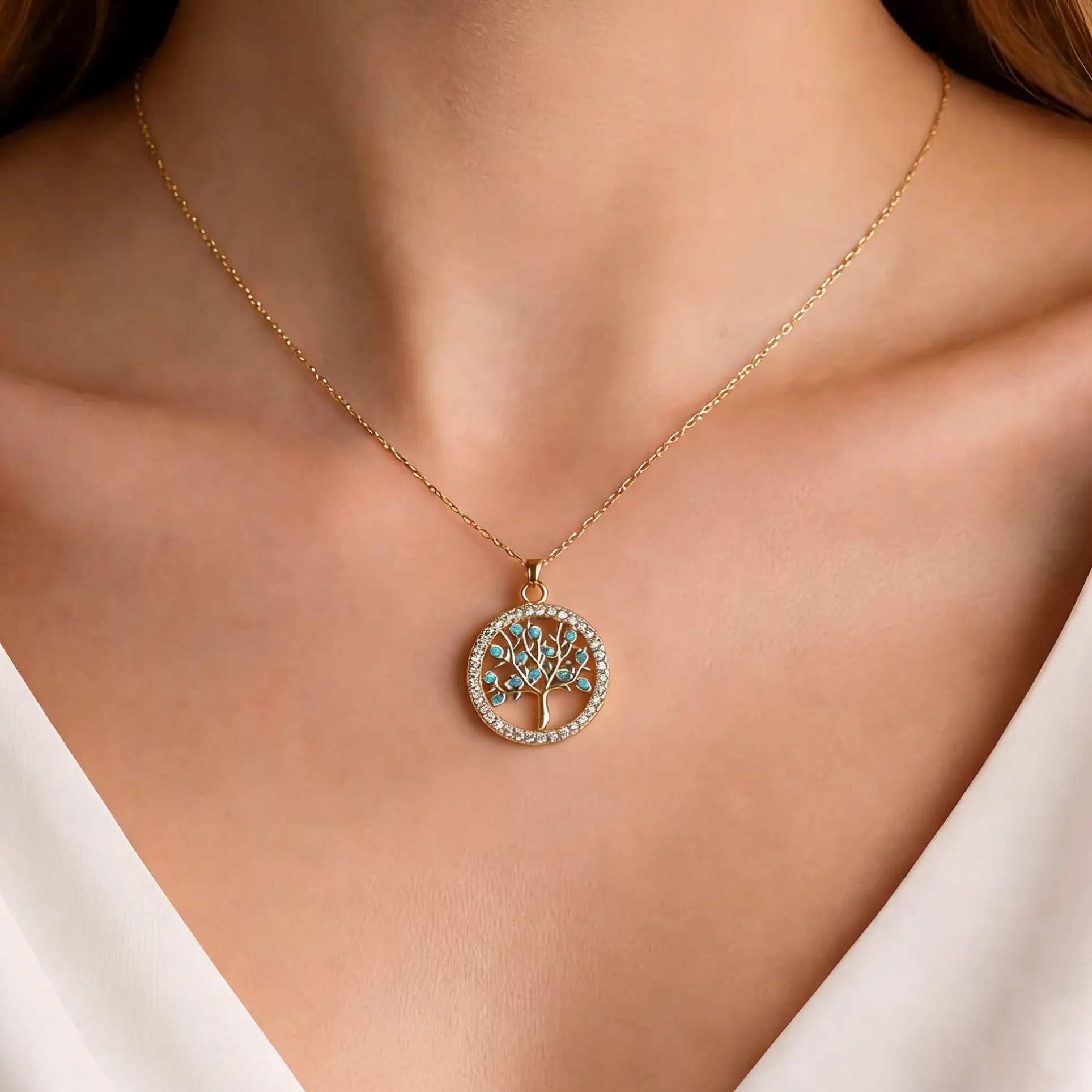 14K Gold Tree of Life Turquoise & Zircon Pendant, Golden Family Tree Protection Jewelry, Helps with Healing & Enhances Natural Vitality, Accessory for Bracelets/Necklaces, Unisex, Gift for Memorial Day, Graduation Gift