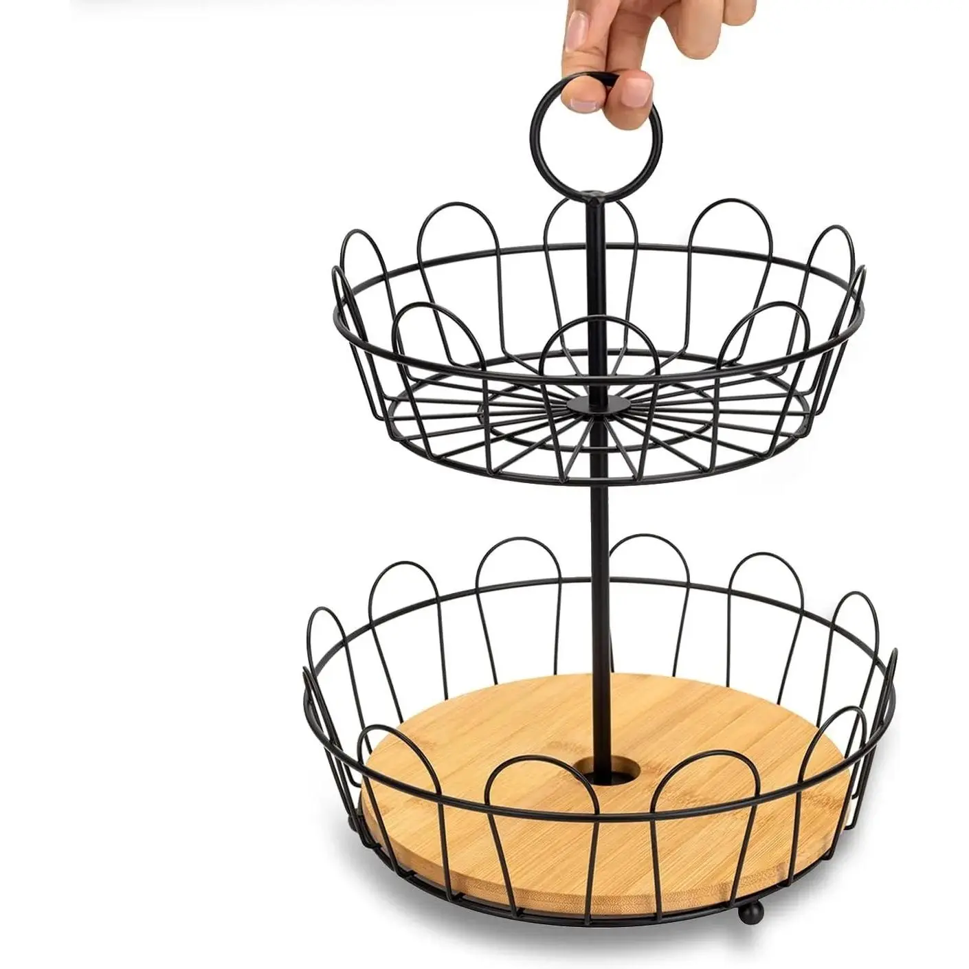 Black 2-Tier Iron Wire Mesh Farmhouse Fruit Basket Stand Organiser, Easy Assembly, Ample Capacity Stacking Detachable Countertop Display Risers Stand for Fruits, Vegetables, Bread - Efficient Kitchen Room Decor Storage Rack