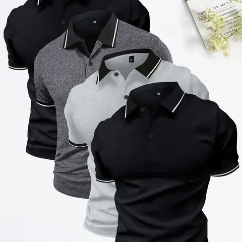 Men’s 4-Piece Premium Short-Sleeve Polo Shirt Set - Buttoned Collar, Slightly Stretchy Polyester Fabric, Business Casual, Chic, Evening Wear, Gifts for Him, Boyfriend Gift, Summer Office Essential