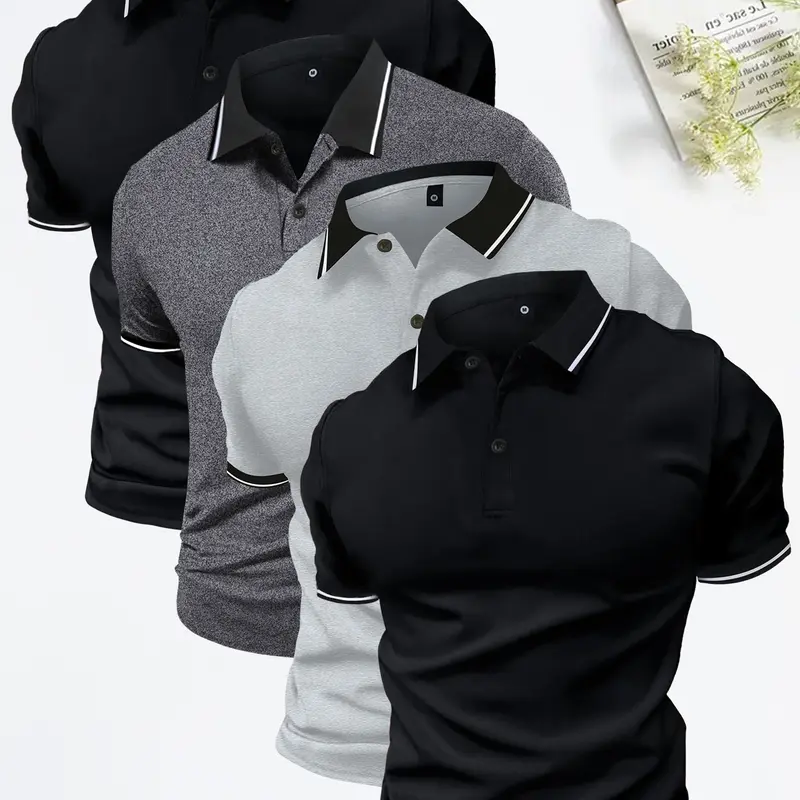 Men’s 4-Piece Premium Short-Sleeve Polo Shirt Set - Buttoned Collar, Slightly Stretchy Polyester Fabric, Business Casual, Chic, Evening Wear, Gifts for Him, Boyfriend Gift, Summer Office Essential