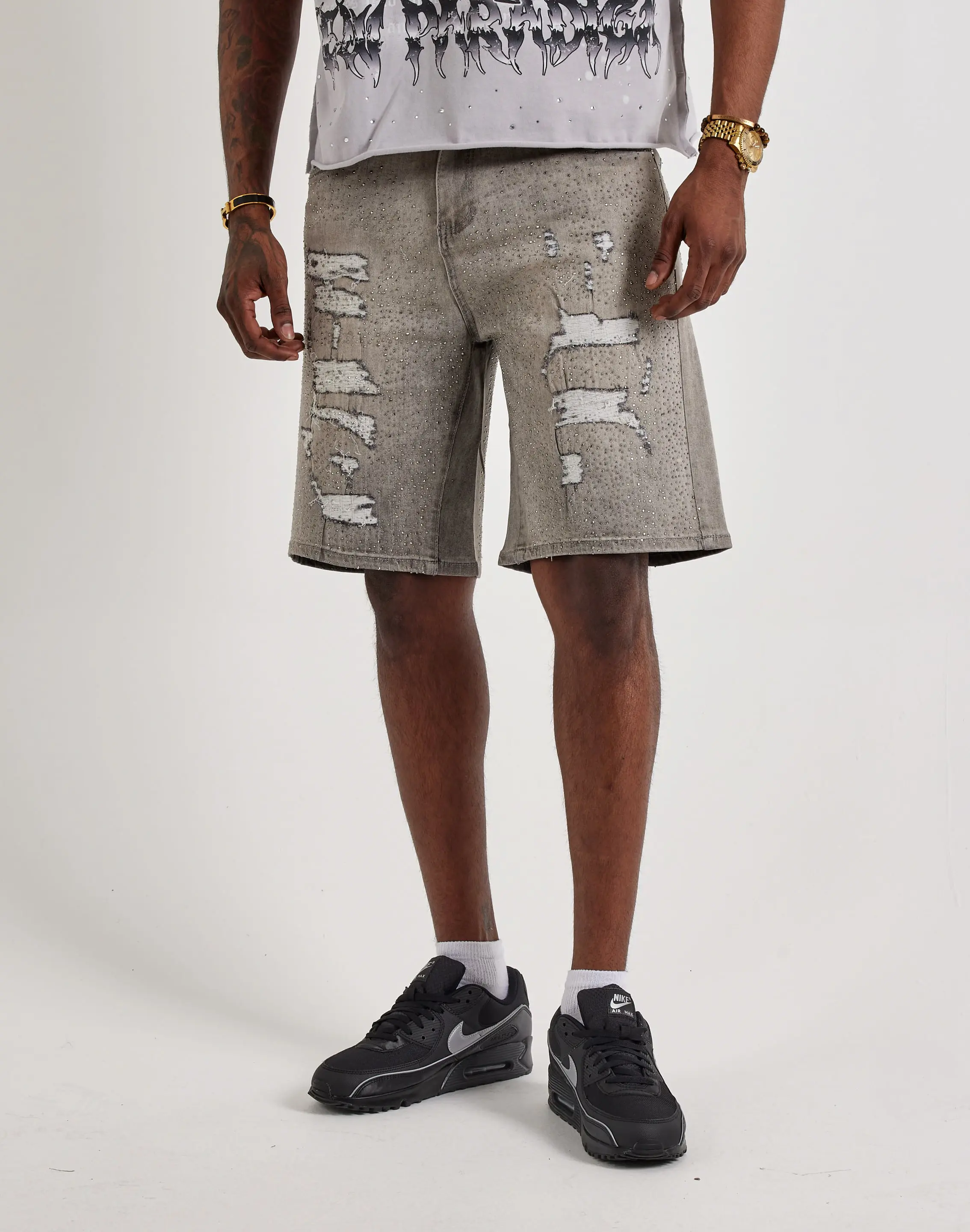 Mens WAIMEA Distressed Rhinestone Denim Shorts
