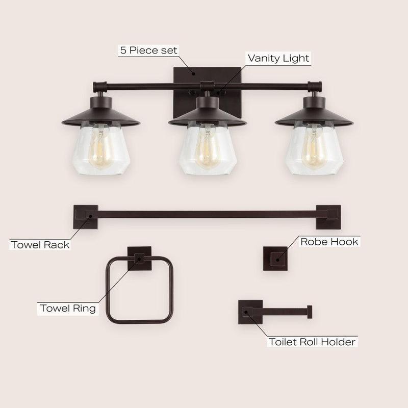 JONATHAN Y Avalon 26" 3-Light Farmhouse Cottage Vanity Light with Bathroom Hardware Accessory Set