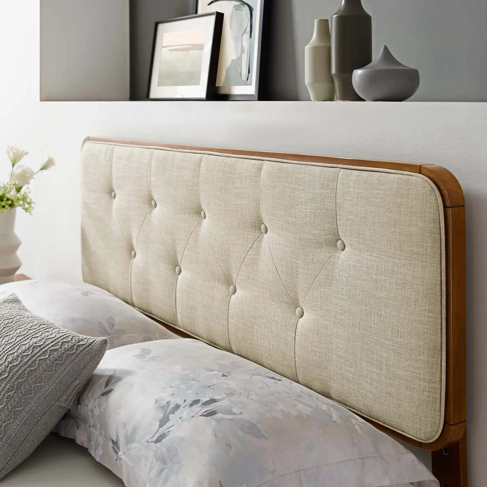 Modway Collins Tufted King Fabric and Wood Headboard in Walnut Beige