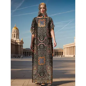 2024 Exotic Middle Eastern Tribal Print Kaftan - 100% Polyester Woven Long Robe with Contrast Crew Neck Collar - Versatile Beach Cover-Up for Bikini, Swimwear - Spring/Summer/Fall Season Fashion