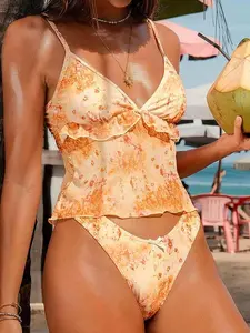 Swim Mod 2pcs/Set Random Floral Print Adjustable Shoulder Strap Bow Decorated Triangle Bikini Top And Bottoms For Summer Beach Vacation