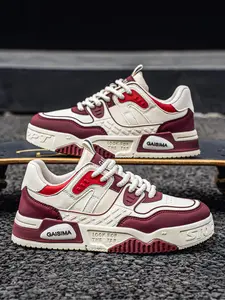 Stylish Men's Walking Shoes - Thick-Sole Burgundy Canvas Sneakers, Niche Casual Athletic Skate Shoes, All-Season New Arrivals, Non-Slip & Breathable, Ideal for Everyday Wear, Trending Shoes