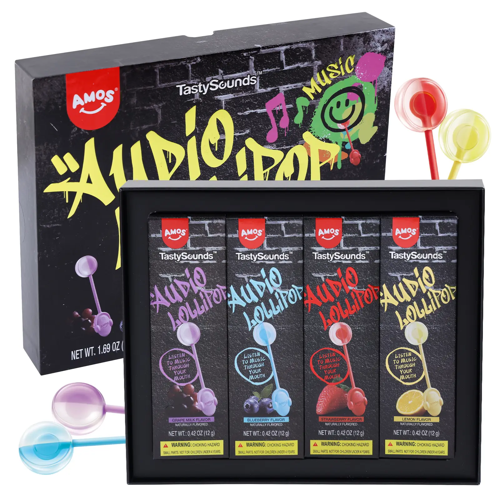 Amos TastySounds Audio Lollipops – Hip Hop Halloween Gift Box Music Lollipop in Grape, Blueberry, Strawberry & Lemon Sweet Snack Candy