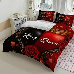 Valentine's Day King & Queen Heart Theme Bedding Set, Soft, Includes 1 Fitted Sheet and 2 Pillowcases