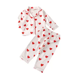 Calsunbaby Toddler Baby Girl Silk Satin Pajamas Valentines Day Pjs Heart Print Button Down Shirt Long Pants Sleepwear