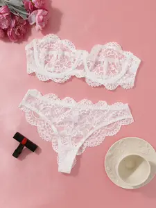 Women's Floral Lace Sheer Sexy Lingerie Set, Fashion Cut Out Adjustable Bandeau Bra & Scallop Trim Panty, Breathable Sexy Lingerie Set for All Seasons Underwear
