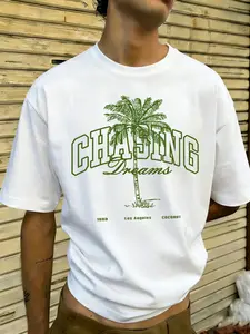 American High Street Vintage Los Angeles Coconut Tree Print Loose T-Shirt, California Style, Casual Fitted Short Sleeve Long Top