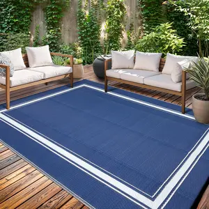 Modern Bordered Outdoor Rug Double-Sided Reversible Plastic Woven Outdoor Rug Easy to Clean for Patios Balconies RVs Beaches Camping Gardens