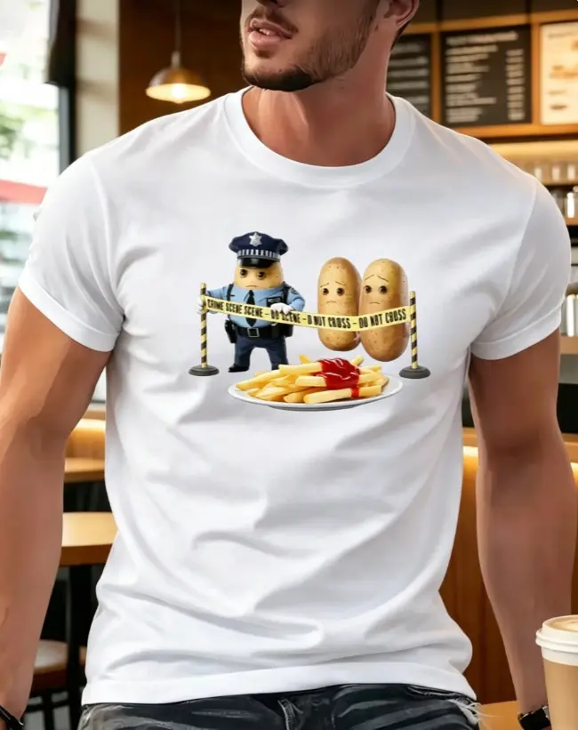 Funny Potato and French Fries Print T-Shirt, Humorous Style, Loose Fit, Crew Neck, Breathable, Comfortable, Casual Top