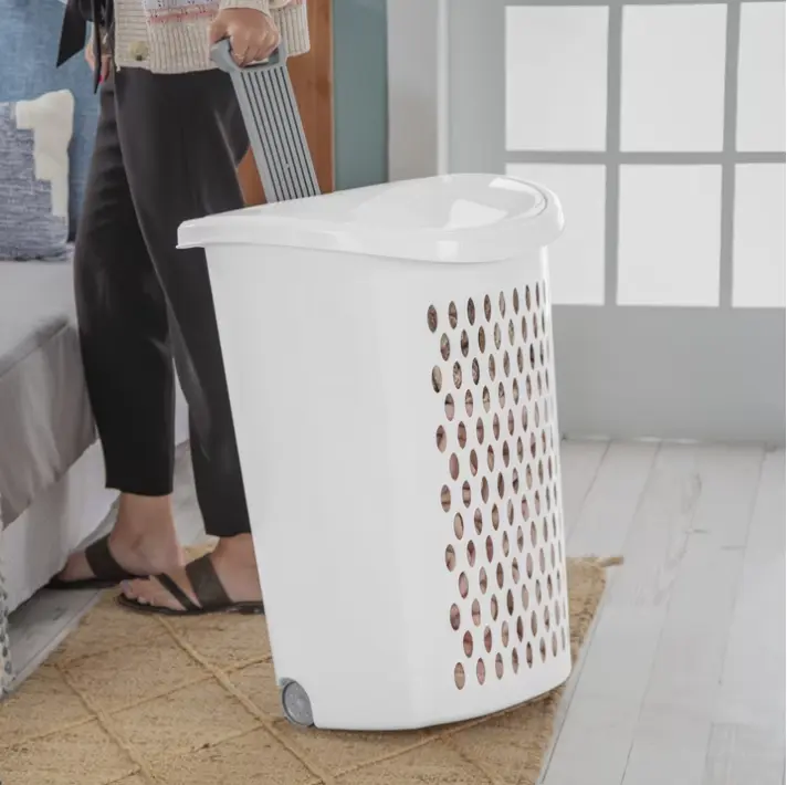 White Rolling Laundry Hamper – Plastic Clothes Basket with Wheels White Rolling Laundry Hamper – Plastic Clothes Basket with Wheels