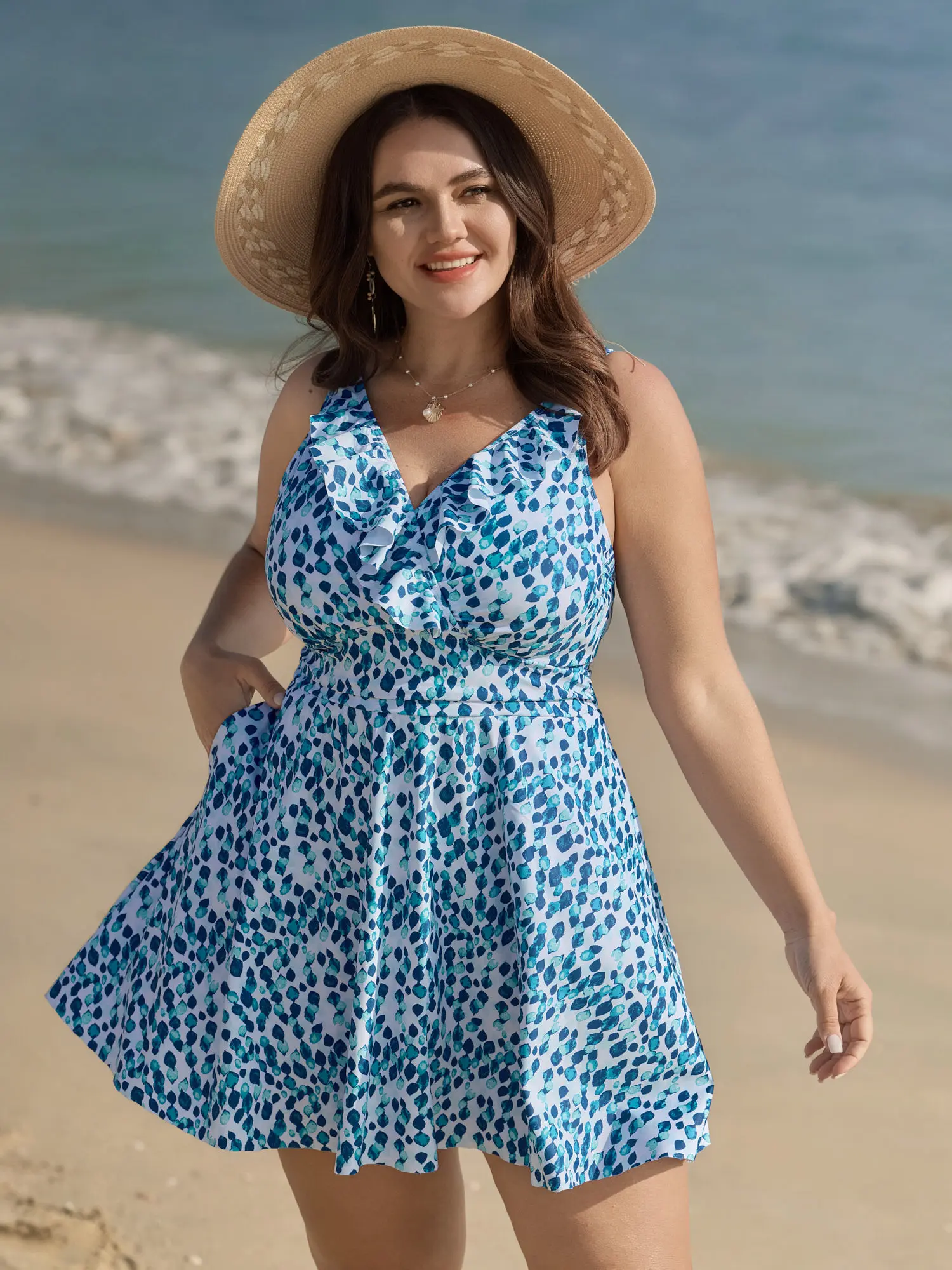 BLOOMCHIC Plus Size Polka Dot Tunic Length Swim Dress - Tummy Control, Pockets, Bodycon Cut, UPF 50 Sun Protection, Modest Plus Size Swimsuits for Moms [M-6X] 2026 Summer Pick,Spotlight,Summer wins,Deals for you days, Plus Size Swimsuits 2026,Summerfinds