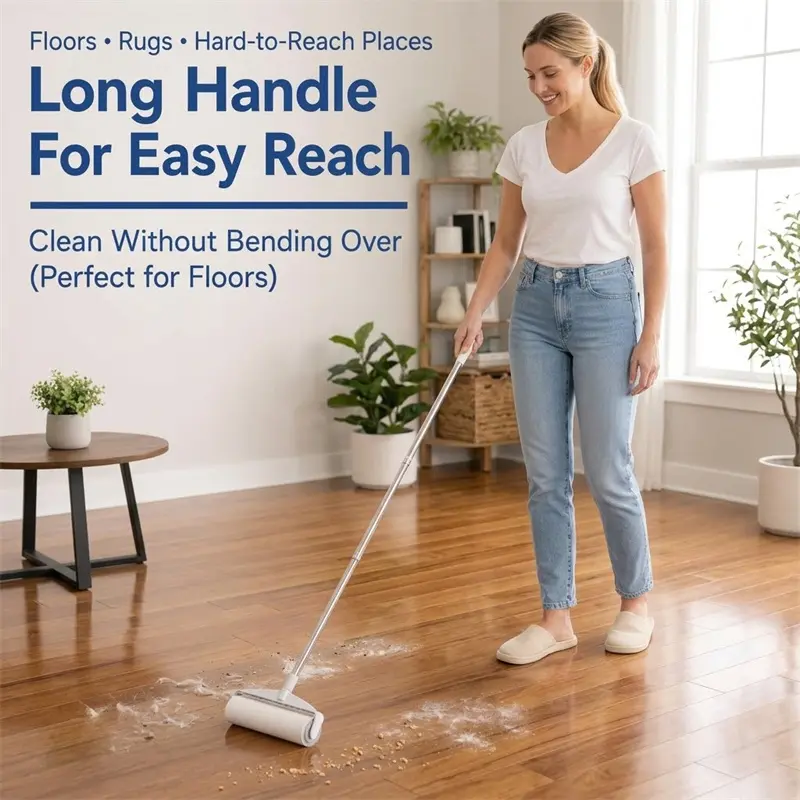 Retractable Long Handle Lint Roller Lint Remover Extra Sticky Tear Off Sheets Pet Hair Remover, No Bending Over Multi-Surface Cleaner for Hardwood Floors Carpets Rugs Sofa, Picks Up Cat Dog Fur Dust Crumbs Hard-to-Reach Corners Household Cleaning Tool