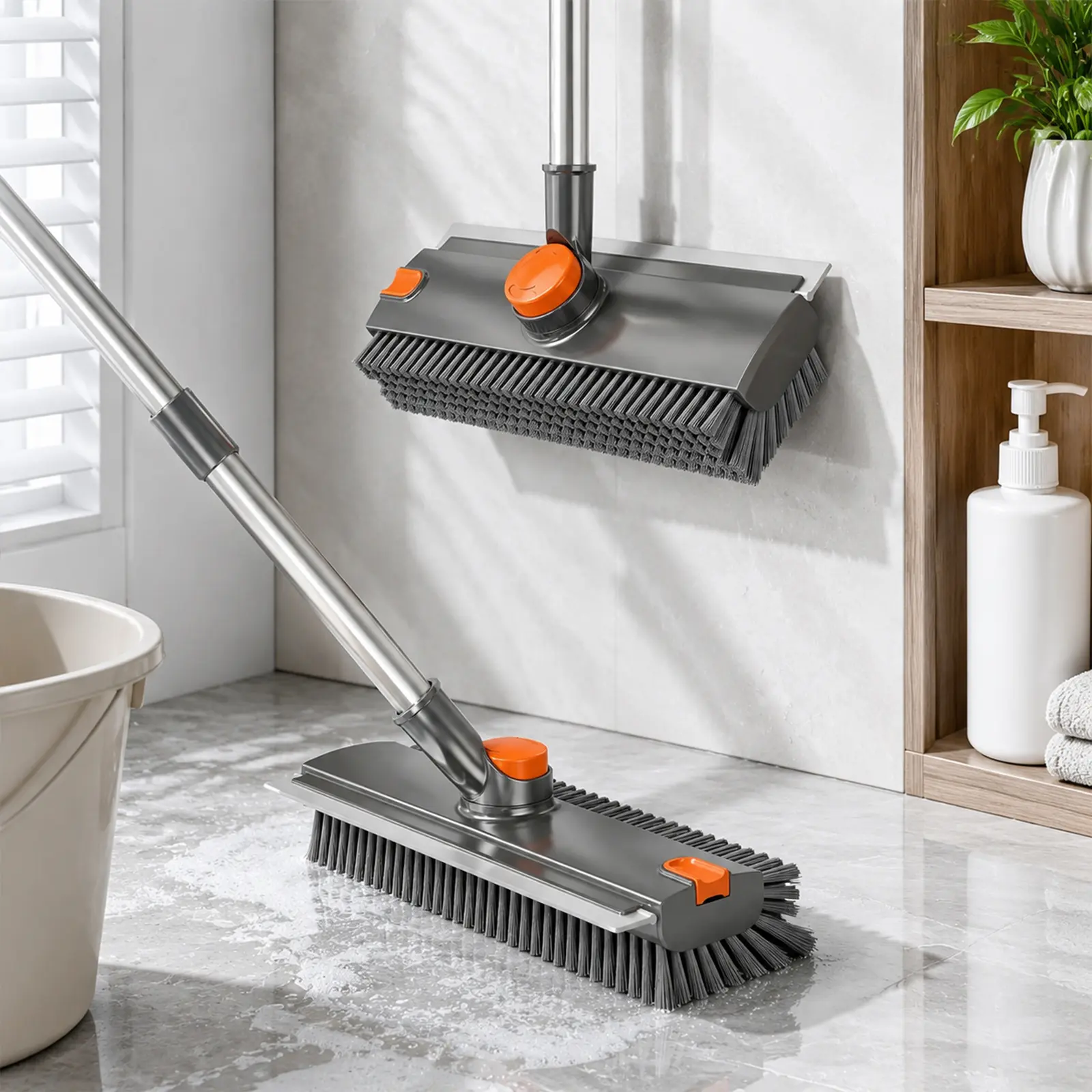 3-in-1 Floor Scrub Brush for Cleaning - V-Shaped Rotatable Head, Adjustable Stainless Steel Handle, Comfortable Grout Cleaner with Silicone Squeegee for Tile Floors, V-Shaped Brush