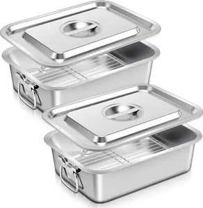 2 Pack 4 Inch Deep Lasagna Pans with Lid, Rack, Handle, 14.2 x 11 Inch 7.4 Qt Large Stainless Steel Nonstick Baking Roasting Casserole Dishes, Suitable for Oven Dishwasher, Perfect for Family Cooking