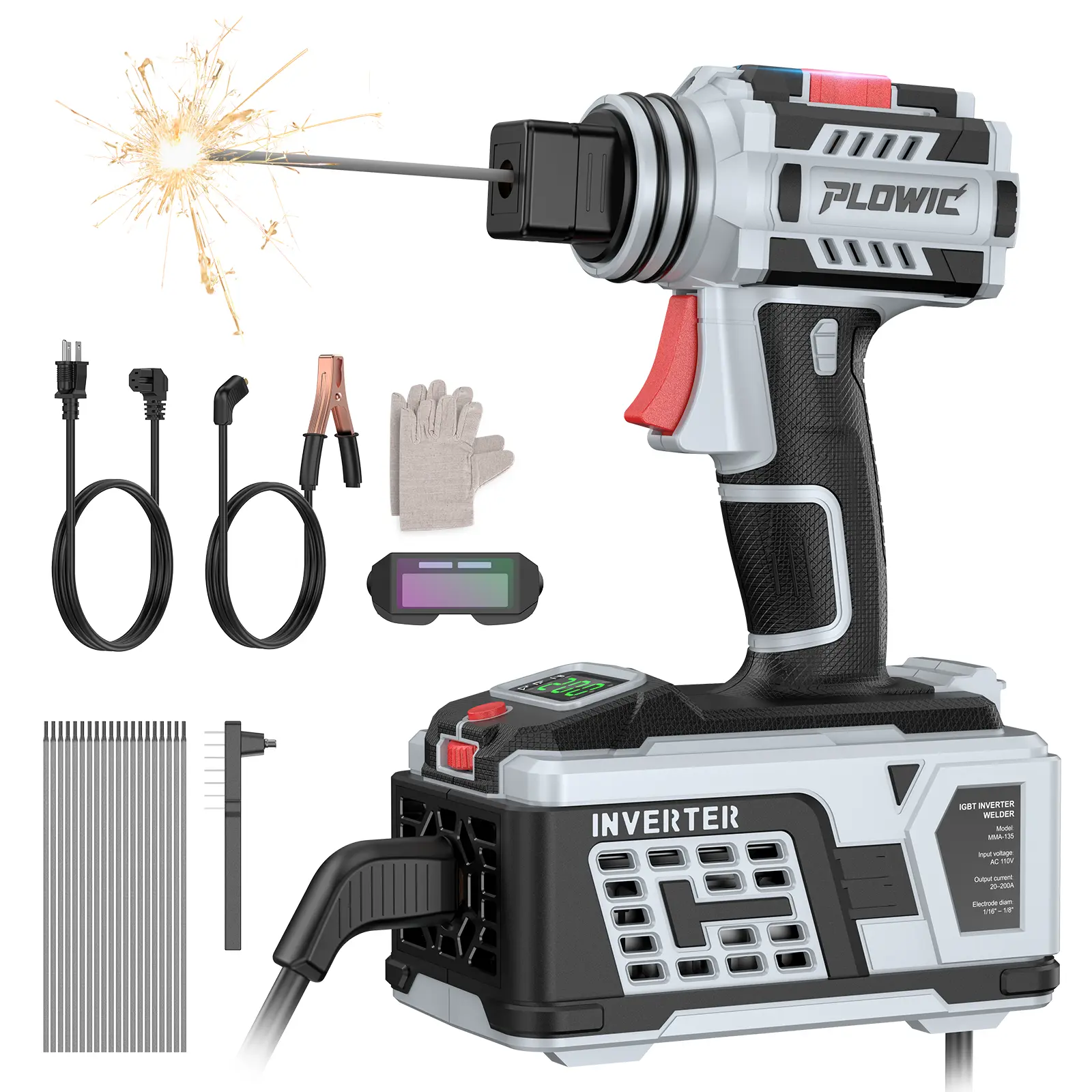 PLOWIC Lightweight Portable IGBT Inverter Arc Welder Full Kit, 110V, 20-200A Output, Variable Current Adjustment, Hot Start, Anti-Stick, Durable for Handyman & DIY Beginners, Metal Welding (Includes Gloves, Welding Rods)