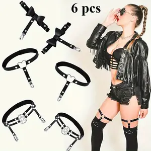 Set of 6 Punk Style Garter Socks, Adjustable Thigh Garter Rings, Heart Garters, Women's High Garters, Anti-falling Belt, Heart-shaped Bow, Suitable for Most Accessories, Over-the-knee Socks
