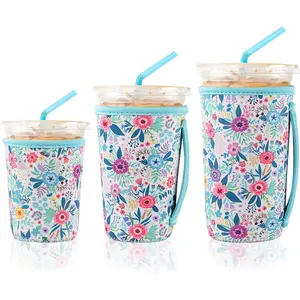 3 Reusable Iced Coffee Sleeves for Iced Coffee Cups or Drinks Reusable Neoprene Insulated Sleeves for Hot and Cold Drinks from Starbucks, Dunkin, And More (White Flower Bush)
