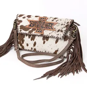 American Darling Western Envelope Bag, Hand Tooled Floral Leather & Hair-On Cowhide Crossbody with Fringes, 7in (H) X 12in (W)