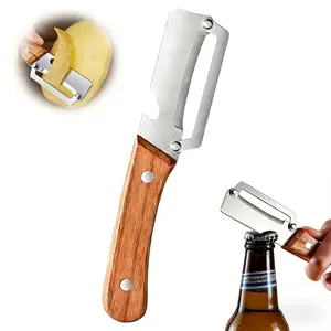 Multifunctional Vegetable Fruit Peeler with Bottle Opener, Food Prep, Sturdy Stainless Steel Blade, Ergonomic Wooden Handle, Ideal for Potatoes Apples Carrots Squash