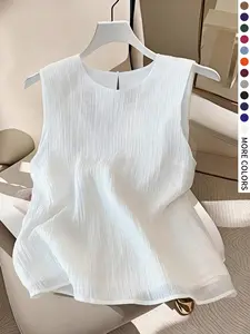 Plus Size French Style Patchwork Tank Top, Sleeveless Round Neck, Loose Fit, Elegant H-Shape, Summer Casual Wear