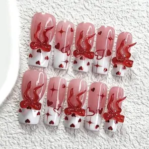 CuraTique | Heart Flame GC 10PCS Handmade Press On Nails REUSABLE 3D Gel spring 2026 / Prom
