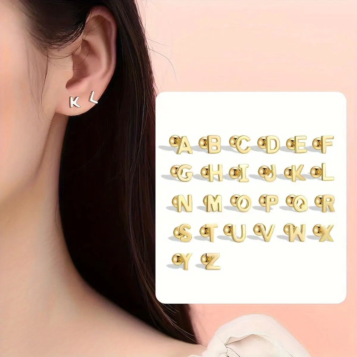 Unisex 26-Letter Alphabet Stainless Steel Stud Earrings - Dainty Non-Tarnish Copper Jewelry, Golden-Tone/Silvery Twisted Ball Detail, Removable Backs, Suitable for Daily/Swimming, Birthday Holiday Gift