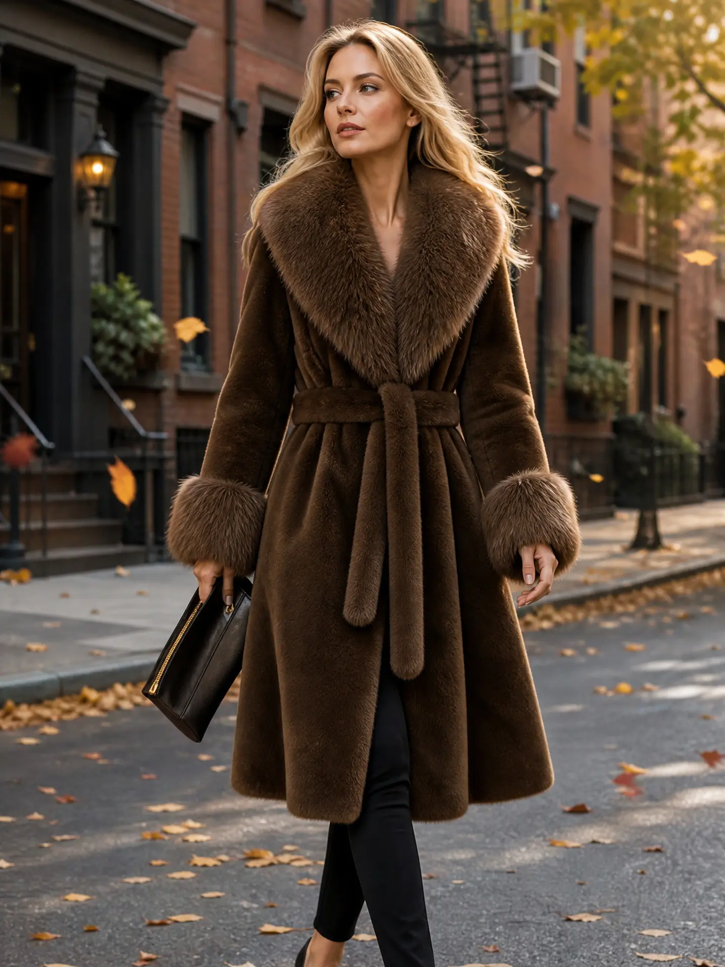 2026 Winter Women Belted Faux Mink Coat Wide Faux Fur Collar Long Luxury Fluffy Faux Fur Cold Weather Outerwear