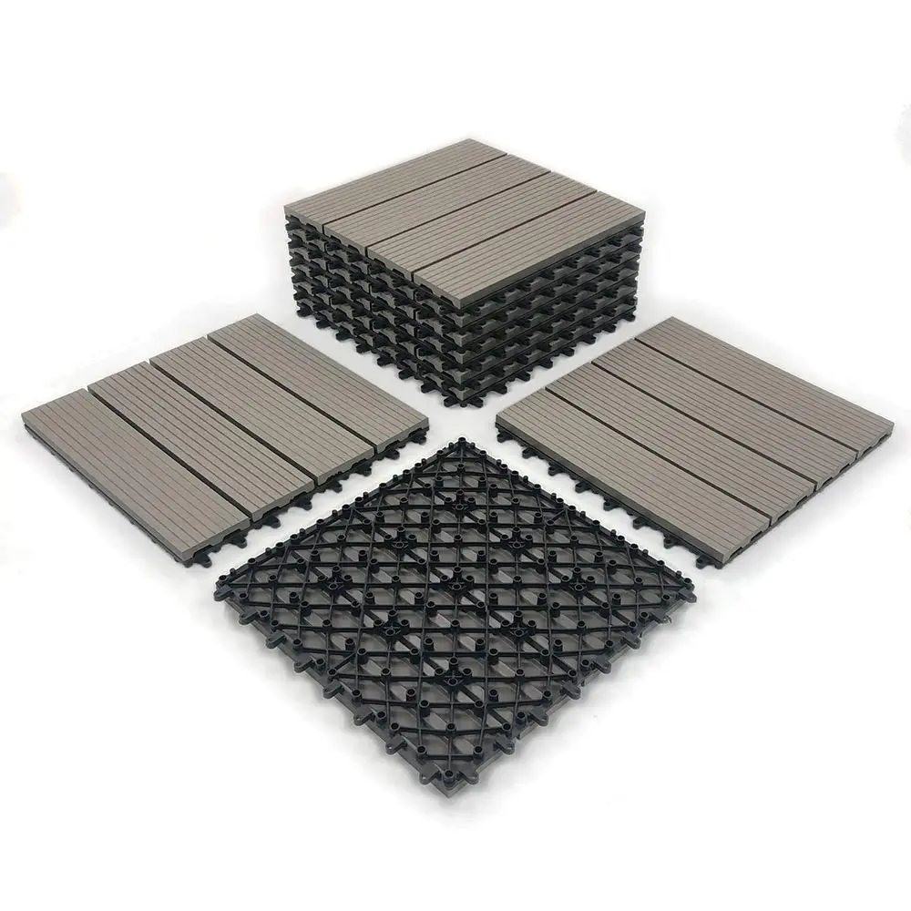 RevTime Easy DIY Wood-Plastic Deck Tiles 12" x 12" x 3/4”, Outdoor Garden, Interlocking Outdoor Deck Floor, Patio Area, Patio Paver, Gray (9 pcs in a Pack)