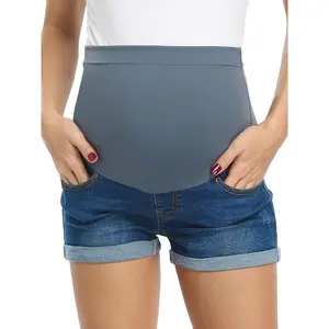 Stretchy Comfy Maternity Jean Shorts - Women's Pregnancy Denim Workout Shorts with Pockets Over Belly Clothes