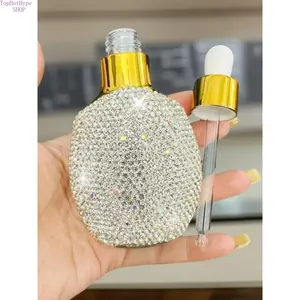 30ml Bling Rhinestone Flat Essential Oil Bottle - Luxury Thick-Glass Dropper Bottle with Rubber Bulb, Refillable Empty Organizer Storage Container for Serum Lotion, Portable Leak-Proof Skincare Accessory for Travel & Gifting