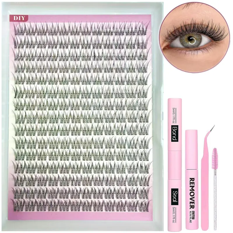 Natural Eyelash Extension Kit, Fine 9–11 mm Cluster Lashes, 180pcs/set Lash Clusters with Glue, Remover, Tweezers, Brush and Applicator, DIY for At-Home, Makeup Lashes, Eyelash Clusters Extensions, Eyelashes Extensions Kit
