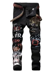 Graffiti Street Art Style, Colorful Mixed Print Design, Mid-Rise Slim Fit Straight Leg, Machine Washable For All Seasons, Classic Five-Pocket Style, Essential Men'S Faux Denim Pants For Hip Hop Y2K Party Outfits